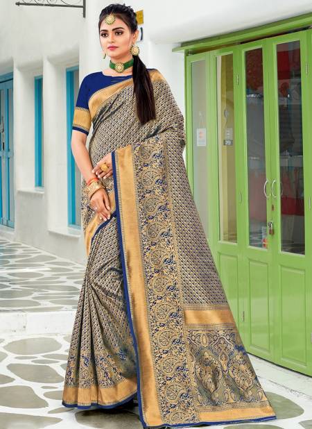 Navy Blue Colour Santraj New Fancy Ethnic Wear Banarasi Silk Designer Saree Collection 1019